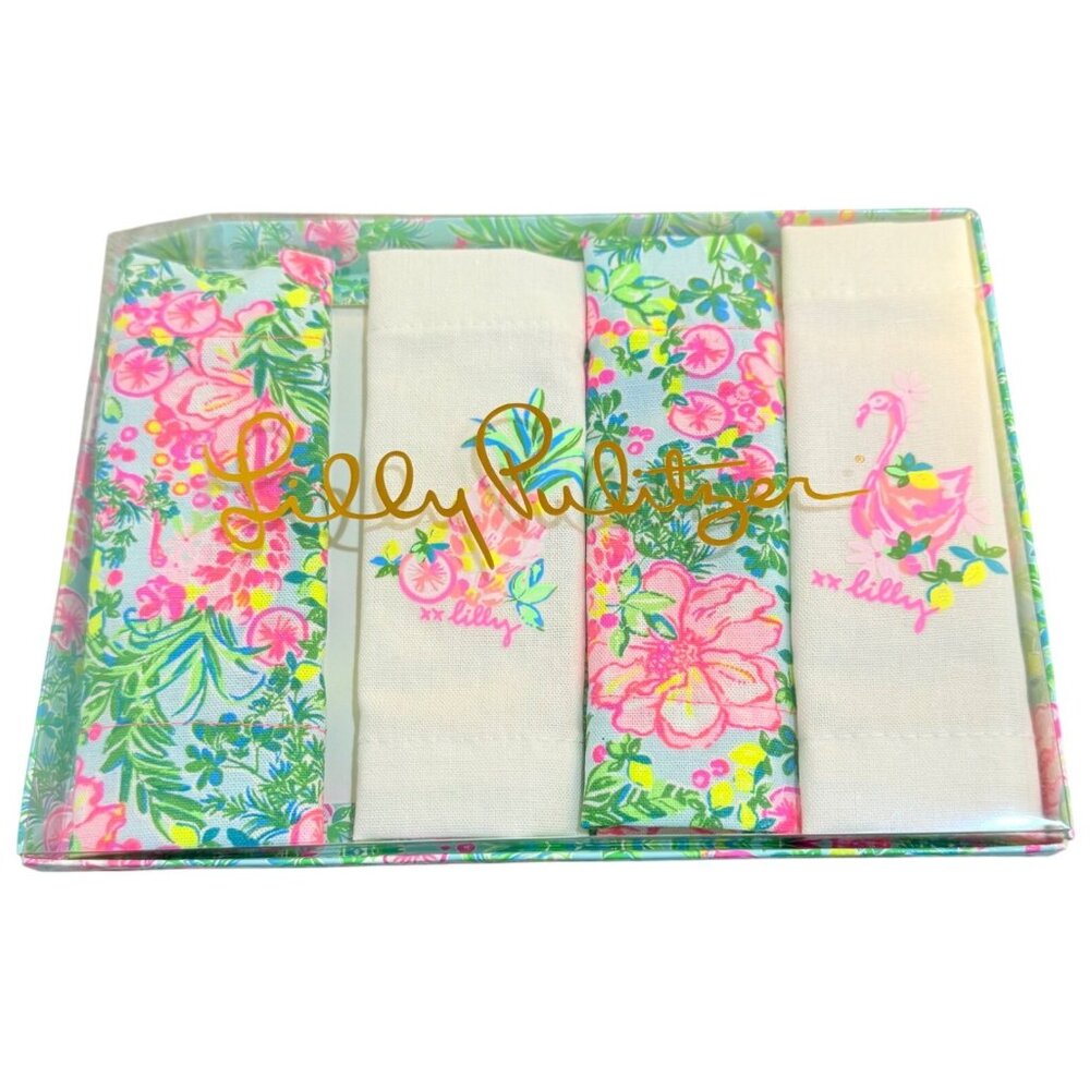 Lilly Pulitzer Cocktail Napkin Set of 4 Fruity Flamingo Floral Design 6"x6" Gift
